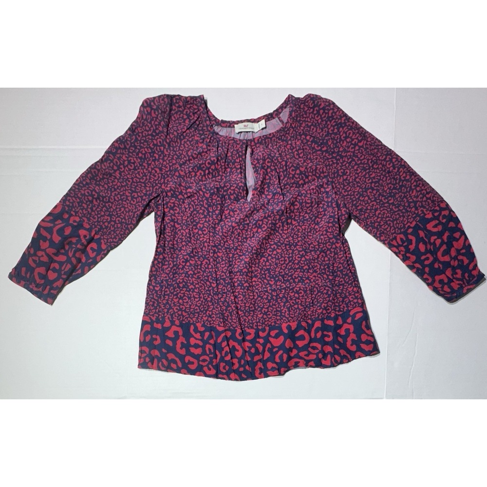Womens Vineyard Vines Blouse Small‎ Red Leopard Print Long Sleeve